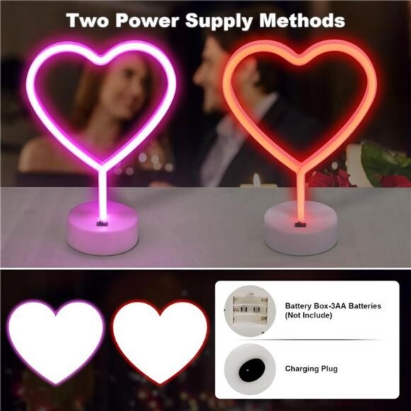 2 Pack Heart Neon Signs, LED Pink Lights Battery Operated...
